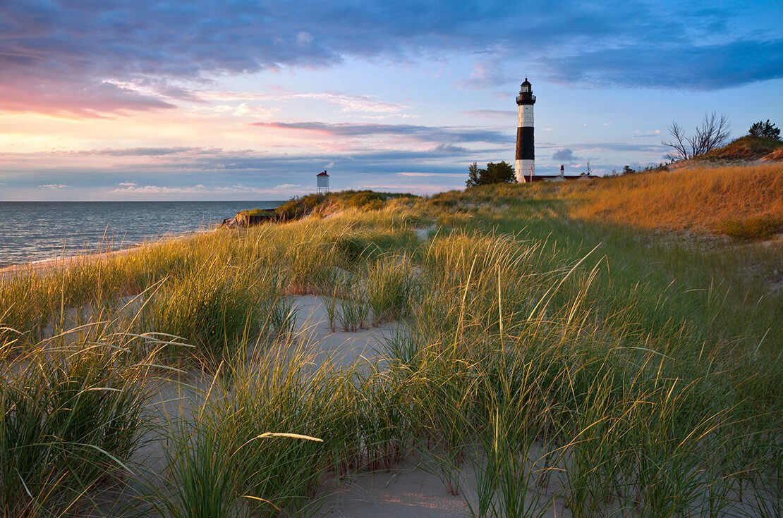 "Image of the Big Sable Point Lighthouse and the Lake Michigan shoreline, Michigan, USA